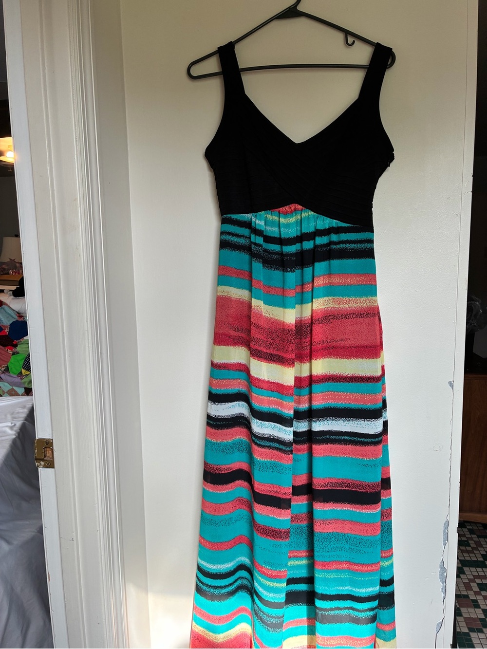Striped Sleeveless Maxi Dress in Black and Teal with Multicolor Accents